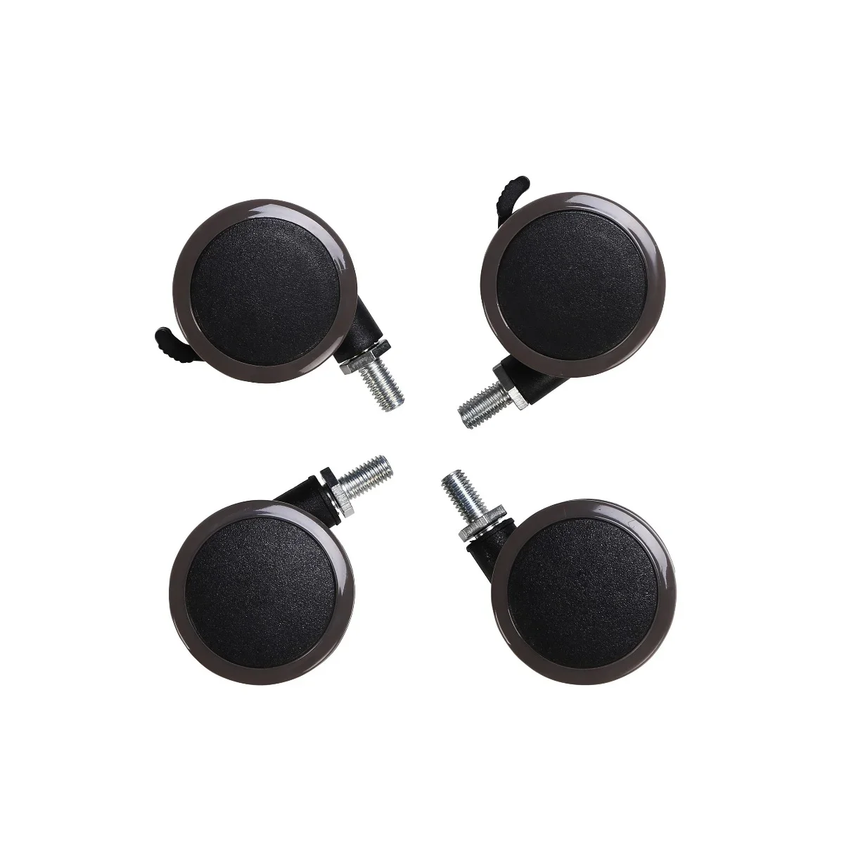 Set of four casters with threaded stems and brakes arranged on a plain grey background.