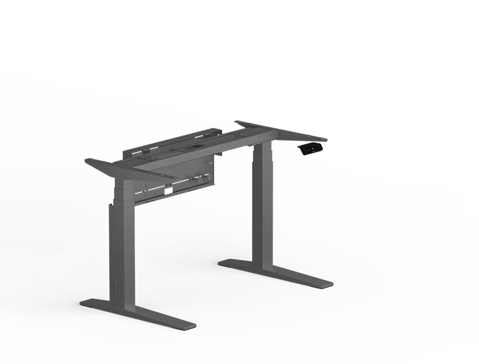 Studio render of the bare frame in dark grey with the cable management box and keypad attached, no top, on a light background.