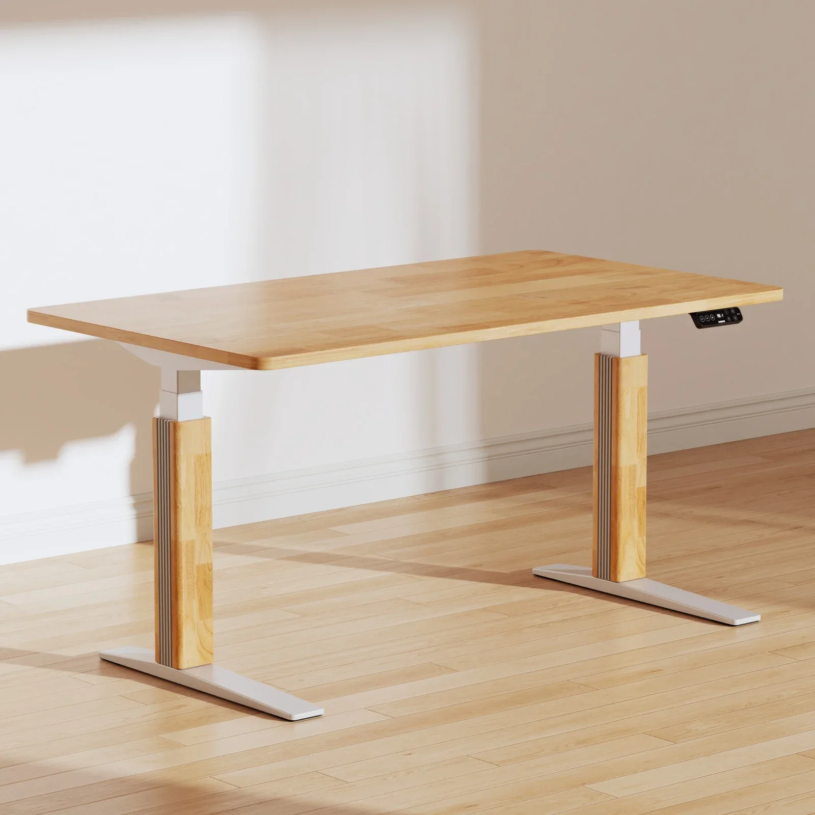 E7 Pro with a white frame, light natural wood top and natural rubberwood leg covers standing on a light wood floor, keypad visible.
