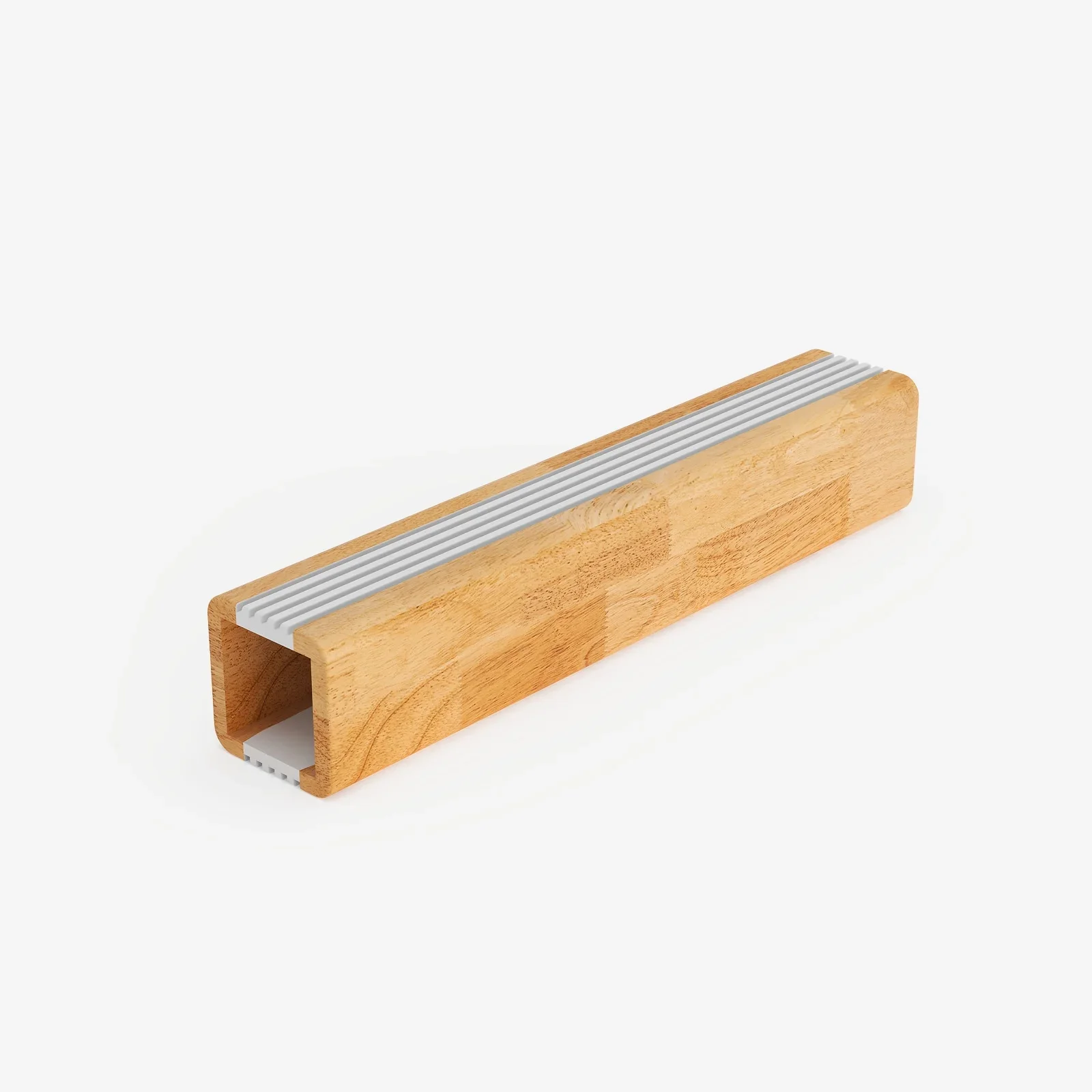 Single natural light rubberwood leg cover with white/silver ribbed strips on a plain white background.