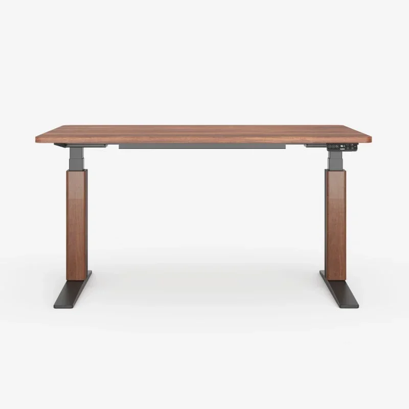 Front view of an E7 Pro desk with a walnut top and walnut leg covers on black feet, on white.