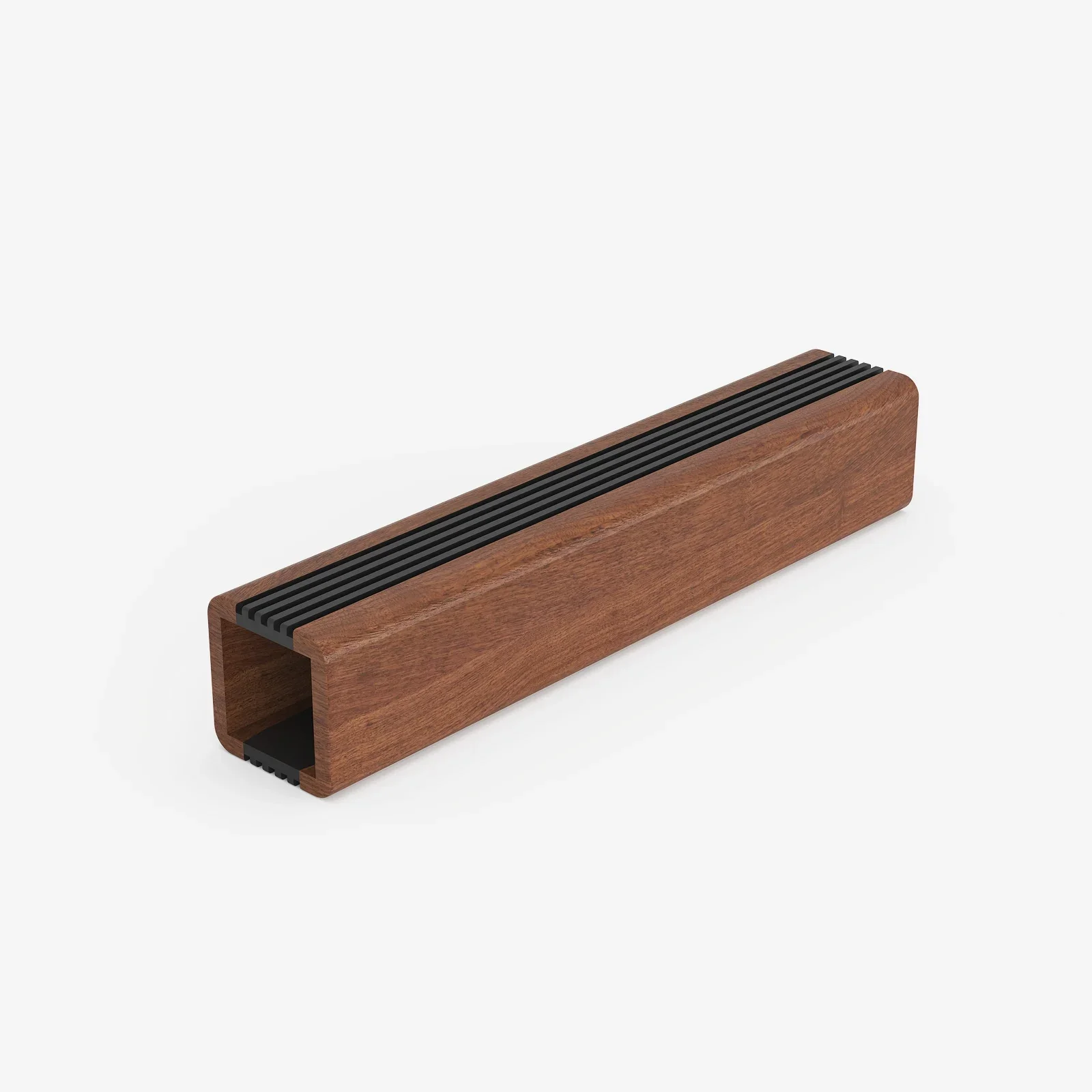 Single walnut leg cover with black ribbed strips on a plain background.