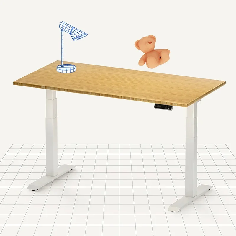 White-frame E7 with bamboo top on a tiled floor with a wireframe lamp and teddy bear on the desk.