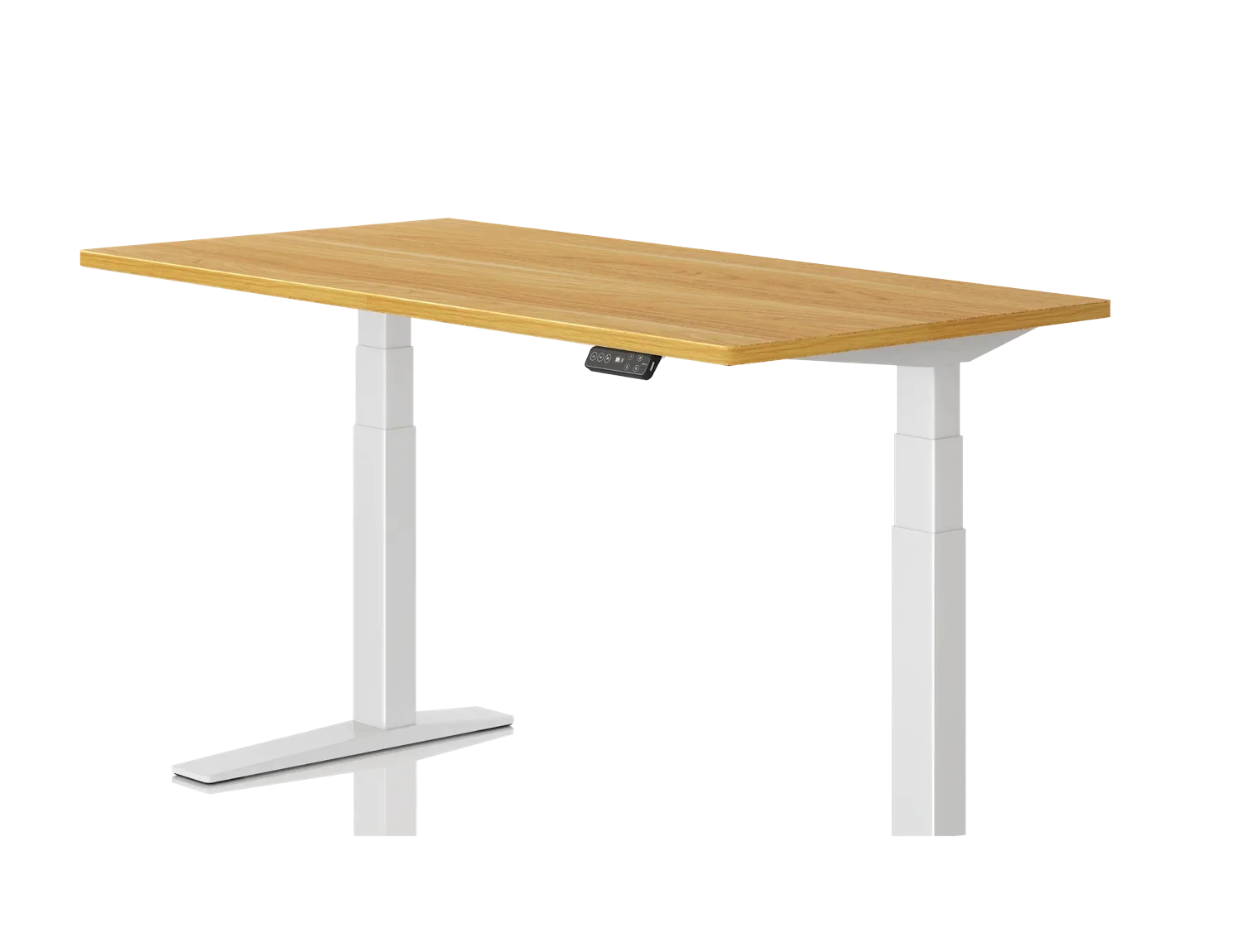 Transparent cutout of a white-frame desk with an oak-look top and keypad, low three-quarter angle; the right foot falls outside the frame.